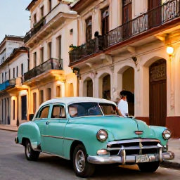 Caribbean Holidays, Cuba Spa Breaks, Couple enjoying a relaxed evening in Havana with vintage cars, colourful buildings and warm street lighting