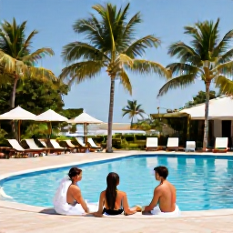 Caribbean Holidays, Cuba Spa Breaks, Couple enjoying a spa break beside a Cuban resort pool, with palm trees, loungers and blue sky
