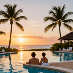 Caribbean Holidays, Cuba Spa Breaks, Couple relaxing at a Cuban resort at sunset, with a spa pool, palm silhouettes and warm evening colours