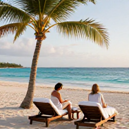 Caribbean Holidays, Cuba Spa Breaks, Couple relaxing beside a palm-fringed Cuban beach after a spa treatment, with loungers, soft sunlight and turquoise water