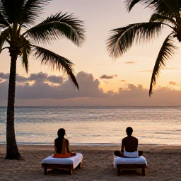 Caribbean Holidays, Cuba Spa Breaks, Couple relaxing on a Cuban beach at sunset after a spa day, calm sea, warm evening sky and palm silhouettes