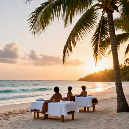 Caribbean Holidays, Cuba Spa Breaks, Couple relaxing on a quiet Cuban beach after a spa treatment, with sunset light and tropical palms