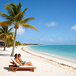 Caribbean Holidays, Cuba Spa Breaks, Couple relaxing on a quiet white-sand beach in Varadero, Cuba, with loungers, palm trees and clear blue water