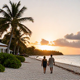 Caribbean Holidays, Cuba Spa Breaks, Couple walking along a quiet Cuban beach at sunset near a tropical spa resort