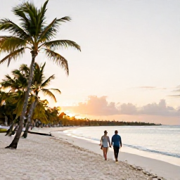 Caribbean Holidays, Cuba Spa Breaks, Couple walking along a quiet white-sand beach near Varadero, Cuba, at sunset with palm trees and calm Caribbean water