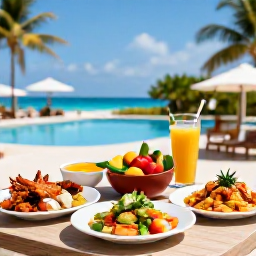 Caribbean Holidays, Cuba Spa Breaks, Cuban beachfront restaurant serving fresh seafood, tropical fruit and colourful local dishes beside a relaxed resort pool