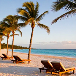 Caribbean Holidays, Cuba Spa Breaks, Cuban spa resort beach at golden hour with loungers, palm trees and peaceful turquoise Caribbean sea