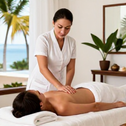 Caribbean Holidays, Cuba Spa Breaks, Cuban spa therapist giving a calming massage in a bright, tranquil treatment room with tropical details