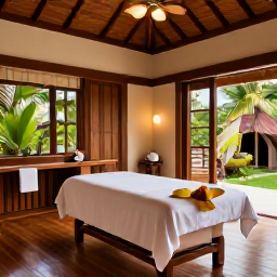 Caribbean Holidays, Cuba Spa Breaks, Cuban spa treatment room with natural wood, gentle lighting, massage table and tropical garden views