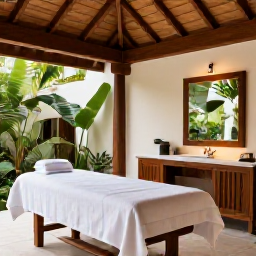 Caribbean Holidays, Cuba Spa Breaks, Cuban spa treatment room with natural wood, white towels, tropical plants and soft afternoon light