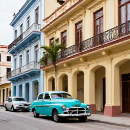 Caribbean Holidays, Cuba Spa Breaks, Elegant colonial street in Havana near a stylish boutique spa, with classic buildings and colourful vintage cars