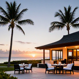 Caribbean Holidays, Cuba Spa Breaks, Elegant Cuban resort at sunset with palm trees, outdoor dining and a calm Caribbean atmosphere