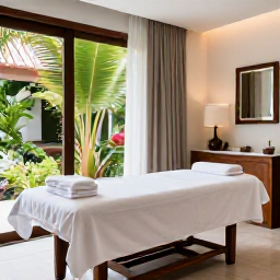 Caribbean Holidays, Cuba Spa Breaks, Modern Cuban resort spa treatment room with natural light, massage table, towels and tropical greenery