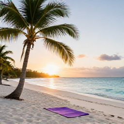 Caribbean Holidays, Cuba Spa Breaks, Peaceful Cuban beach at sunrise with a yoga mat, palm trees and calm turquoise water