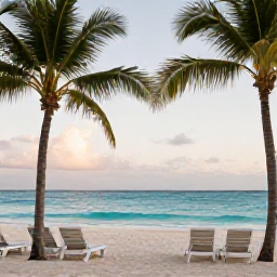 Caribbean Holidays, Cuba Spa Breaks, Peaceful Cuban beach with palm trees, sun loungers and calm turquoise water during a September afternoon