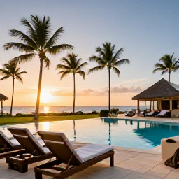 Caribbean Holidays, Cuba Spa Breaks, Peaceful Cuban resort at sunset, with a spa pool, palm trees, comfortable loungers and a glowing sky
