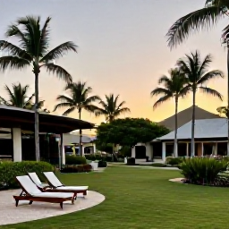 Caribbean Holidays, Cuba Spa Breaks, Peaceful Cuban resort spa garden at sunset with tropical greenery, loungers and warm evening light