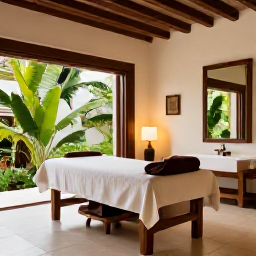 Caribbean Holidays, Cuba Spa Breaks, Peaceful Cuban resort spa interior with natural light, massage room, tropical plants and neutral furnishings