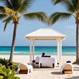 Caribbean Holidays, Cuba Spa Breaks, Relaxing beachfront spa treatment at a luxury resort in Varadero, Cuba, with palm trees and calm turquoise sea
