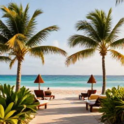 Caribbean Holidays, Cuba Spa Breaks, Relaxing Cuban spa resort overlooking a turquoise Caribbean beach in June, with palm trees and warm sunlight