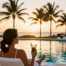Caribbean Holidays, Cuba Spa Breaks, Traveller relaxing beside a Cuban resort pool at sunset, with a herbal drink, palm silhouettes and warm evening light
