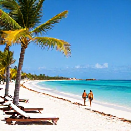 Caribbean Holidays, Cuba Spa Breaks, White sandy Cuban beach beside clear turquoise water, with sun loungers, palm trees and a couple walking along the shore