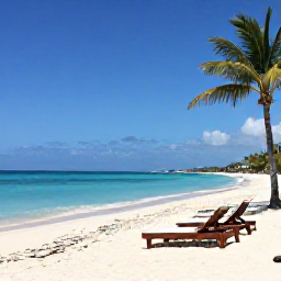 Caribbean Holidays, Cuba Spa Breaks, Wide white-sand Cuban beach in April with turquoise water, loungers and palm trees beside a peaceful resort