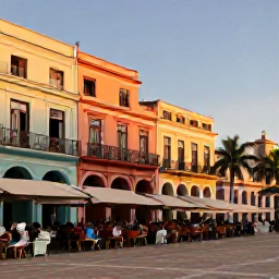 Caribbean Holidays, Cuba Tours April, Old Havana plaza at golden hour with restored pastel buildings, palm trees and people enjoying outdoor caf&eacute;s
