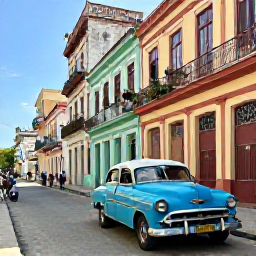 Caribbean Holidays, Cuba Tours April, Sunny Havana street with colourful classic cars, colonial buildings and visitors exploring in April