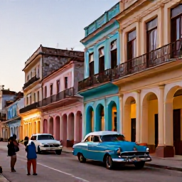 Caribbean Holidays, Cuba Tours August, A lively Cuban street in August with colourful colonial buildings, classic American cars and local people enjoying the warm evening