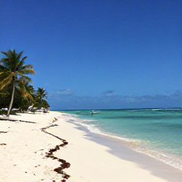 Caribbean Holidays, Cuba Tours August, A quiet Cuban beach in August with clear turquoise water, white sand, palm trees and a small boat offshore