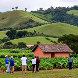 Caribbean Holidays, Cuba Tours August, A scenic Cuban countryside valley in August with green hills, tobacco fields, a traditional farmhouse and travellers exploring with a local guide