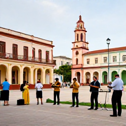 Caribbean Holidays, Cuba Tours August, Friendly Cuban musicians performing outdoors in August beside a colourful town square, with visitors enjoying local food and dancing