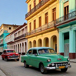 Caribbean Holidays, Cuba Tours, Classic American cars on a colourful street in Havana, Cuba, with colonial buildings and warm afternoon light