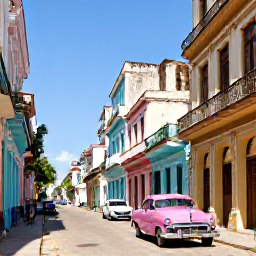 Caribbean Holidays, Cuba Tours, Colourful classic cars and colonial buildings in a sunny Havana street, Cuba