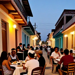 Caribbean Holidays, Cuba Tours February, Cuban street caf&eacute; in the early evening, with musicians, colourful buildings, local dishes and travellers enjoying the atmosphere