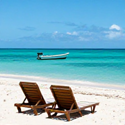 Caribbean Holidays, Cuba Tours February, Relaxed Cuban beach scene in February with clear turquoise water, white sand, sun loungers and a small fishing boat