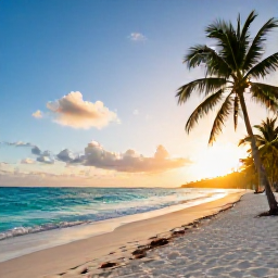 Caribbean Holidays, Cuba Tours February, Warm Cuban beach at sunrise in February, with turquoise sea, pale sand and a few palm trees
