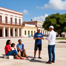Caribbean Holidays, Cuba Tours, Friendly local guide speaking with travellers in a sunny Cuban town square