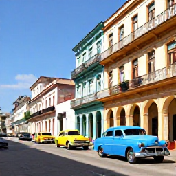 Caribbean Holidays, Cuba Tours July, A bright Cuban street in Havana with colourful classic cars, colonial buildings and sunny July skies