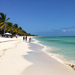 Caribbean Holidays, Cuba Tours June, A peaceful Cuban beach with clear turquoise water, pale sand, palm trees and a small group of travellers in June sunshine