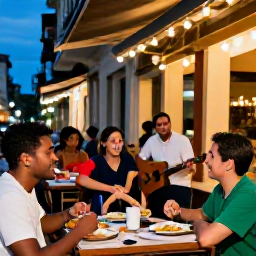 Caribbean Holidays, Cuba Tours June, Friendly travellers enjoying Cuban food and live music at an outdoor restaurant in Havana during a warm evening