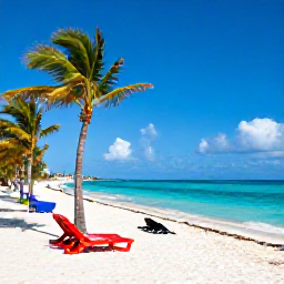 Caribbean Holidays, Cuba Tours March, White sandy beach and clear turquoise water in Varadero, Cuba, with palm trees and sun loungers