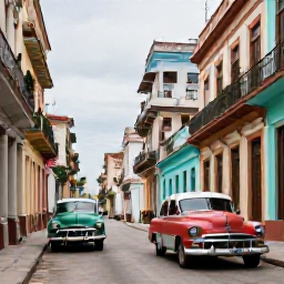 Caribbean Holidays, Cuba Tours May, Classic American cars and colourful colonial buildings along a lively street in Old Havana
