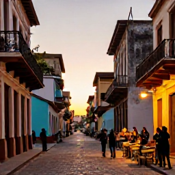 Caribbean Holidays, Cuba Tours May, Friendly Cuban street scene at sunset with outdoor tables, live music and warm evening light