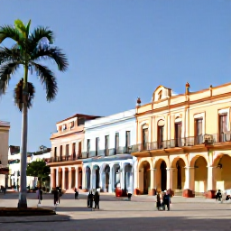 Caribbean Holidays, Cuba Tours November, Old Havana plaza with pastel colonial buildings, palm trees and people enjoying a sunny November day