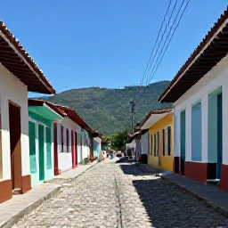 Caribbean Holidays, Cuba Tours November, Trinidad Cuba cobbled street with brightly painted houses, bicycles and distant green hills under a clear sky