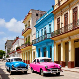 Caribbean Holidays, Cuba Tours September, Colourful classic cars and colonial buildings along a sunny street in Havana, Cuba