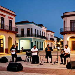 Caribbean Holidays, Cuba Tours September, Friendly Cuban musicians performing outdoors in a colourful town square at dusk