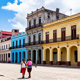 Caribbean Holidays, Cuba Tours, Visitors walking through Havana Vieja, Cuba, among pastel colonial buildings, balconies and a lively cobbled square